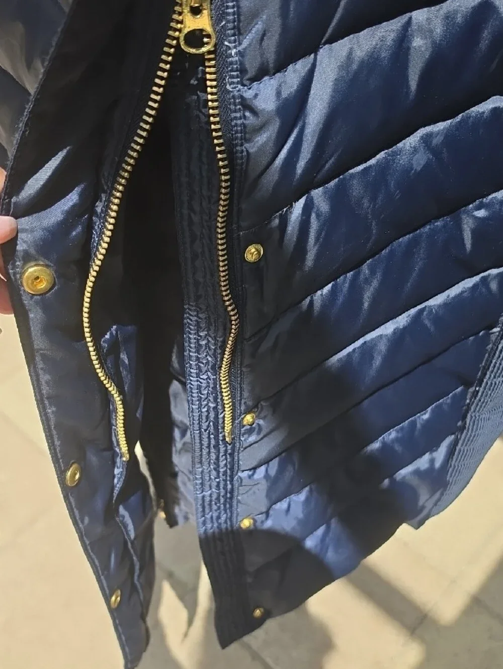 Michael Kors Navy Quilted Long Puffer Coat with Faux Fur Hood Trim